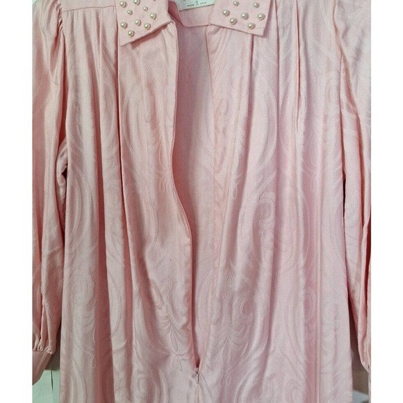 Vintage 80s Pearl Collar House Coat Pink Damask Women Size Small - Picture 7 of 12